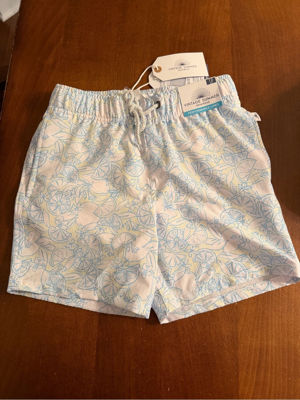 Boys Vintage Summer Lemon Print Seersucker Volley Swim Trunks, size 12